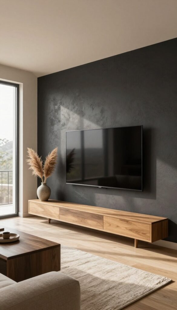 Large flat-screen TV mounted on a deep charcoal limewash textured statement wall in a bright, minimal modern living room with natural light and simple decor.