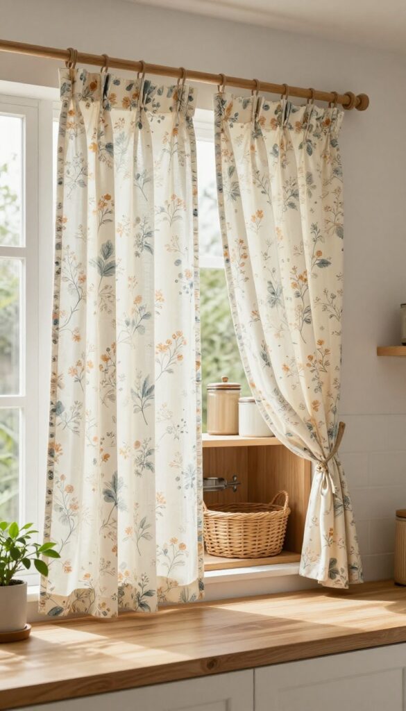 Cozy cottage kitchen window with cafe-style vintage floral curtains in muted dusty blue, sage, blush, and mustard tones, bright natural light, wooden rod, neutral decor, woven baskets, and ceramic canisters.
