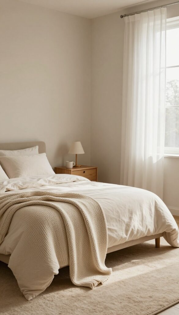 Cozy bedroom with soft wall-to-wall beige plush carpet and bright natural light, styled with neutral bedding and a wooden nightstand