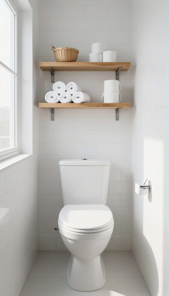 Minimal floating wood shelves above a white toilet in a bright narrow bathroom, holding rolled towels and a small basket.