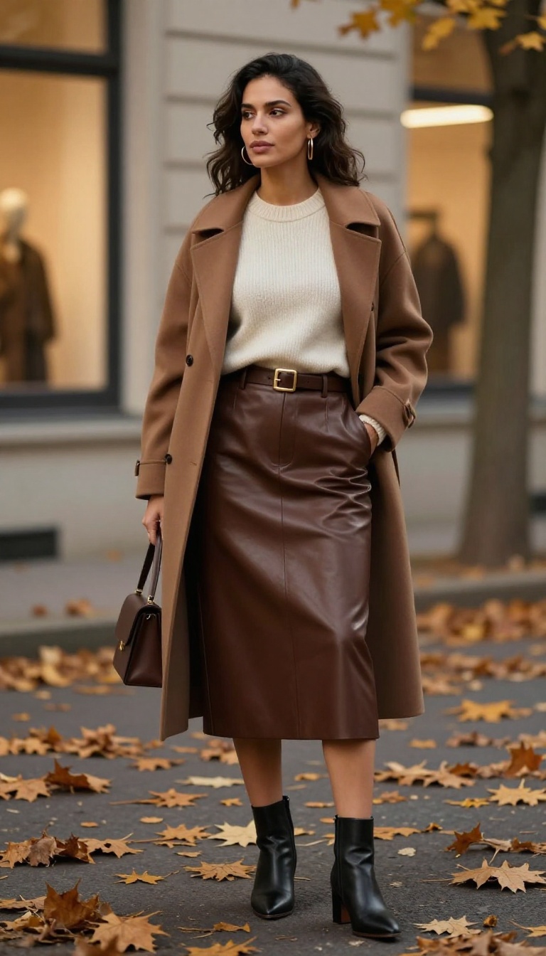 3. Leather Skirt with a Statement Belt and Cashmere Crewneck