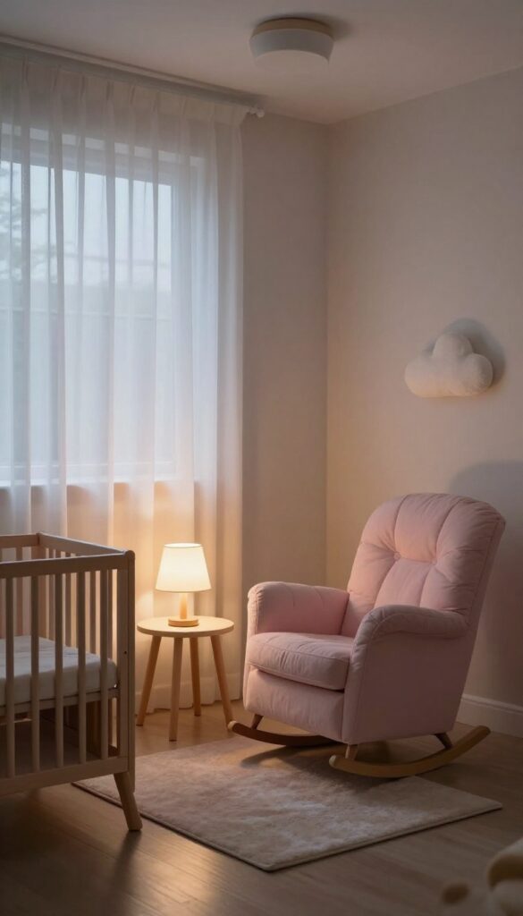A baby girl nursery with soft layered lighting, including a dimmable ceiling light, a table lamp, and a nightlight, creating a warm and cozy atmosphere.