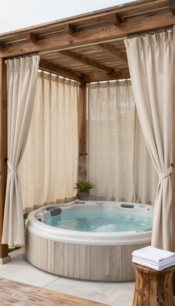 Wooden pergola over an outdoor jacuzzi with beige privacy curtains tied back, steaming water, and bright natural daylight on a clean deck