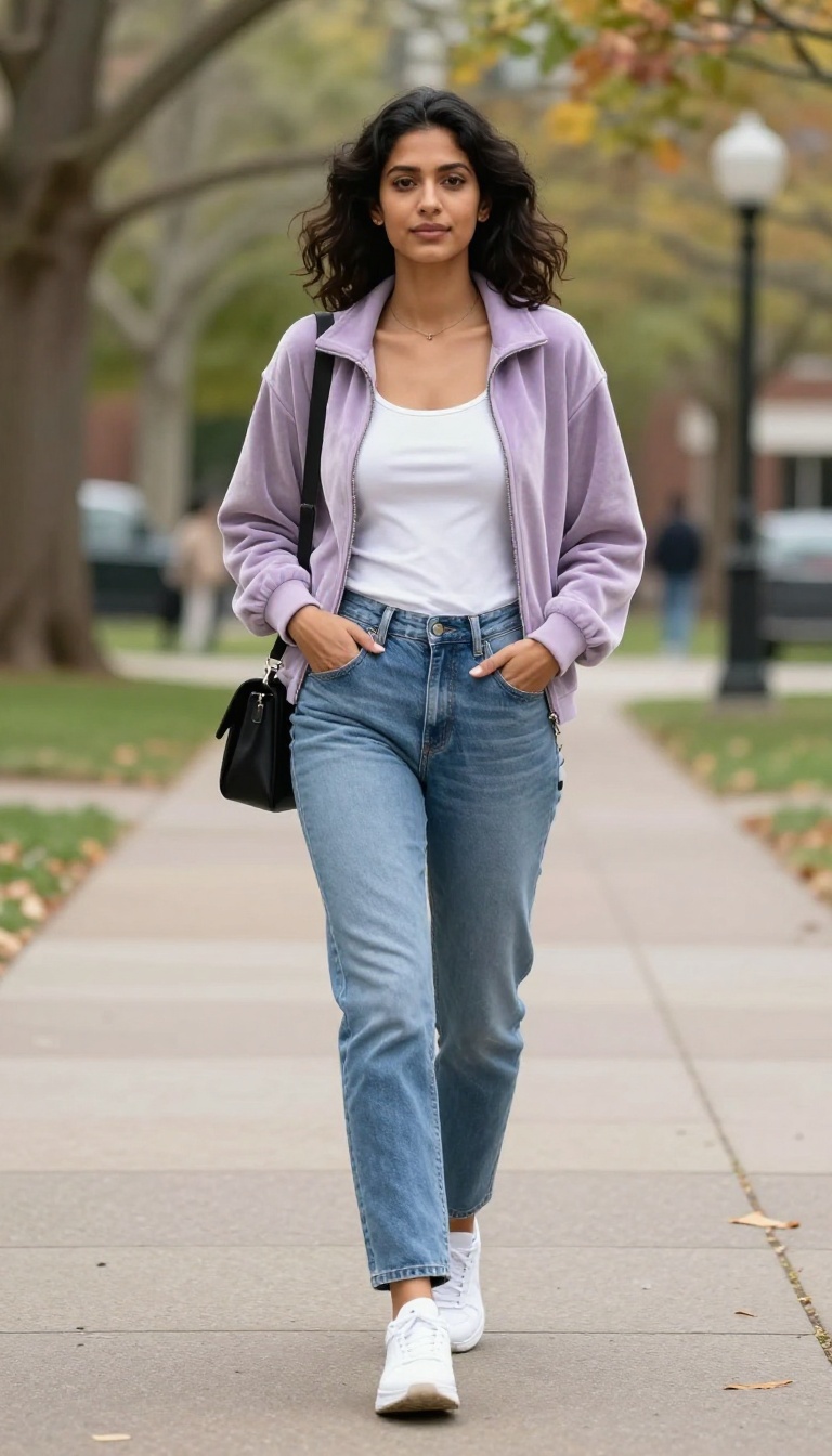 1. Velour Track Jacket With Straight-Leg Jeans