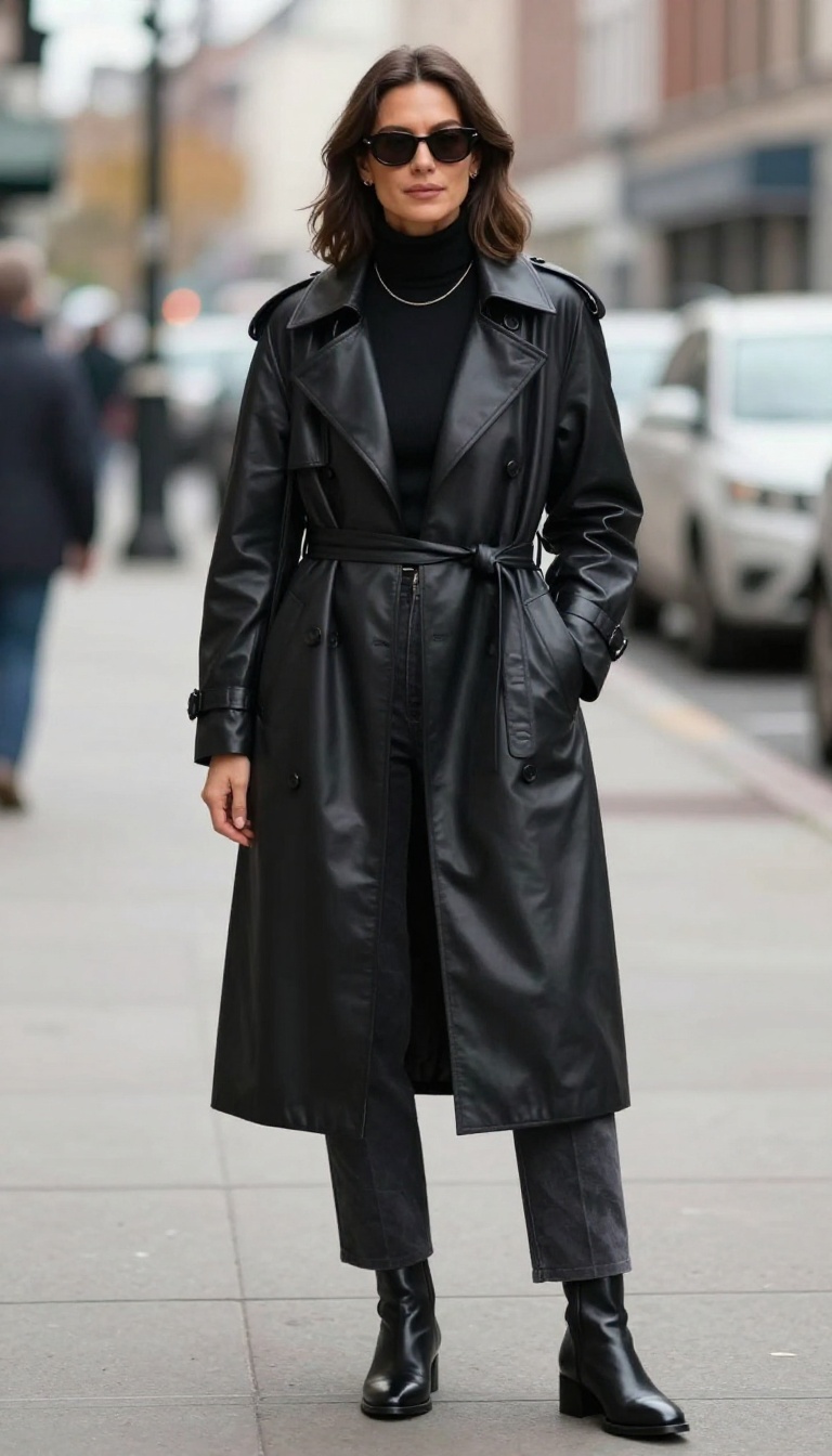 2. Matrix Minimal: Leather Trench + Straight-Leg Trousers