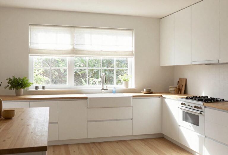 Bright kitchen with a large sunlit window above the sink, softened by a white Roman shade and fresh herbs on the sill