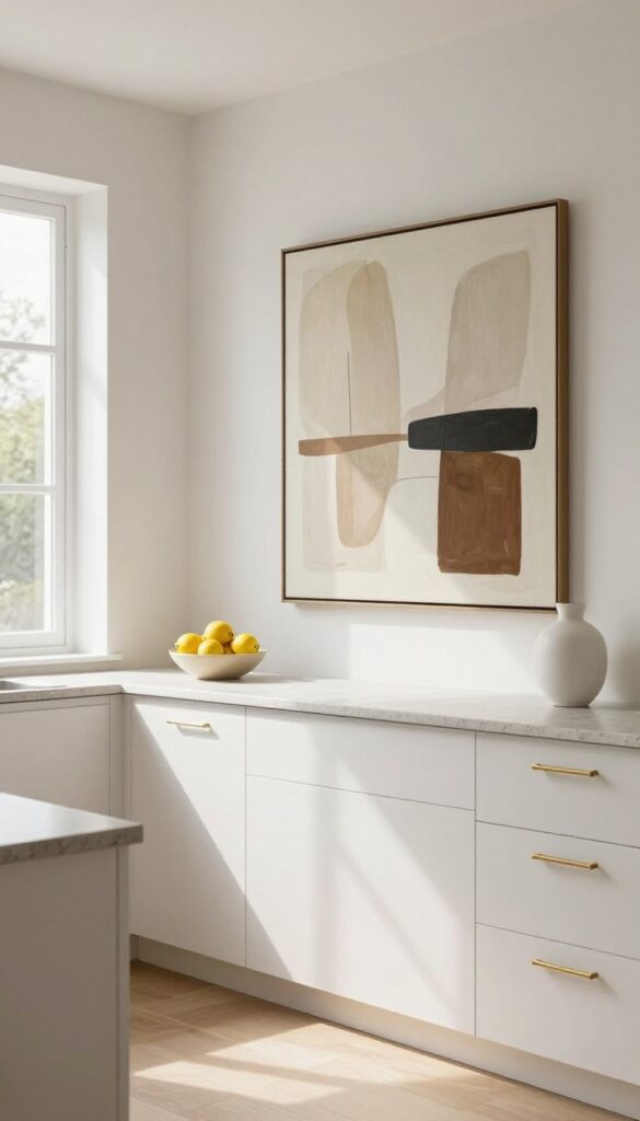 Bright modern kitchen with an oversized framed abstract painting filling the empty wall above the countertop