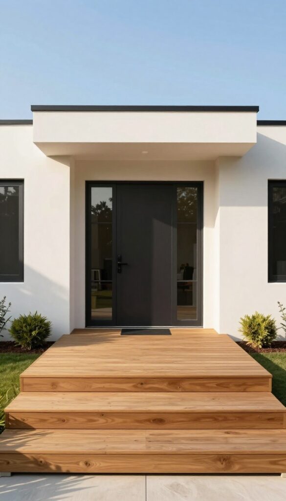 Modern front deck with a wide wooden step platform stretching across the entry, bright natural light and clean landscaping