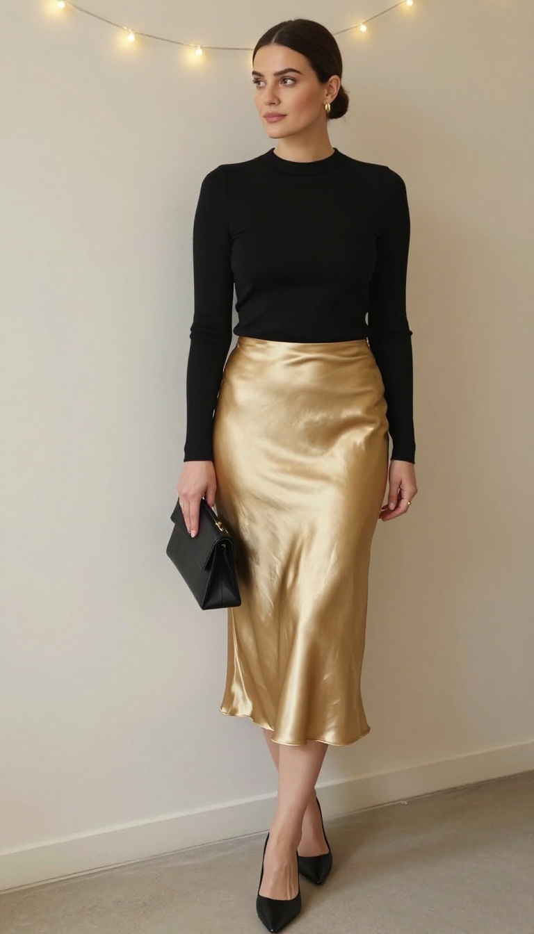 9. Metallic Skirt + Black Knit Top + Clutch