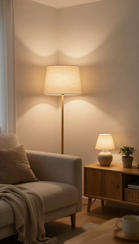 Cozy small living room with layered warm lighting from a floor lamp, table lamp, and wall sconce creating a soft inviting glow