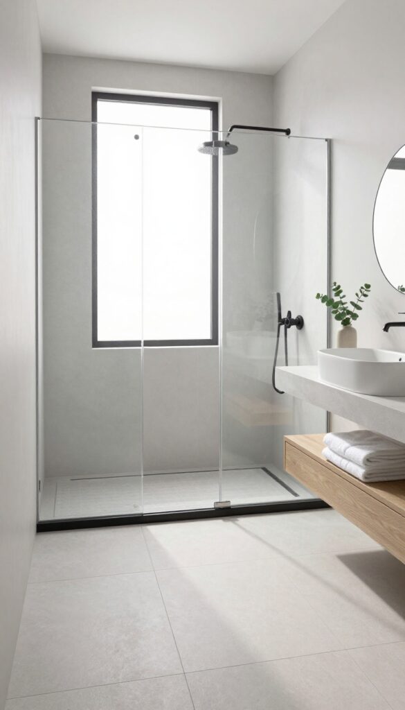 Bright small bathroom with a curbless walk-in shower, continuous tile floor, linear drain, and frameless glass panel for a modern spa-like look