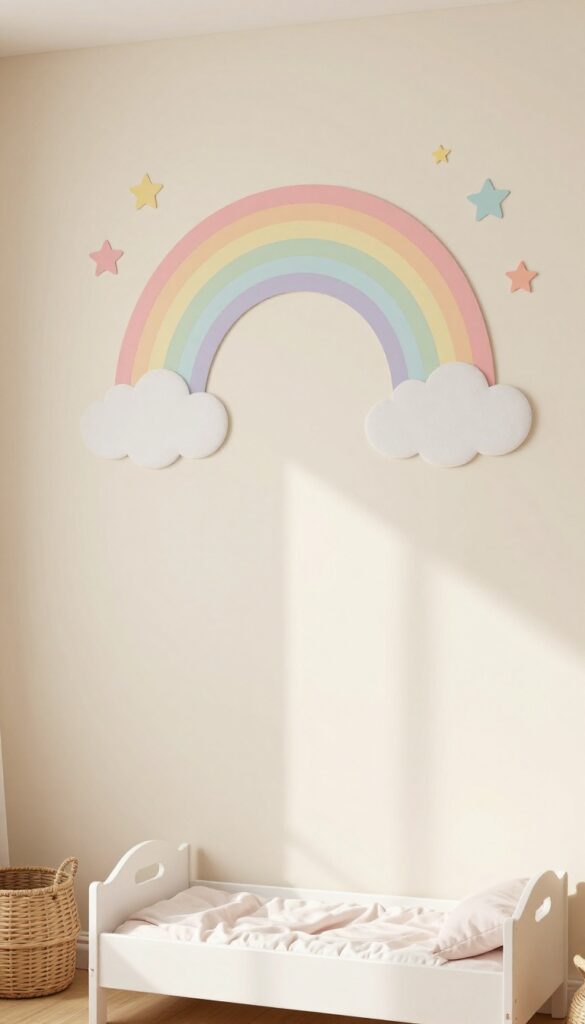 Bright toddler girl bedroom wall with large pastel rainbow, cloud, and star removable decals at eye level above a small bed in natural light