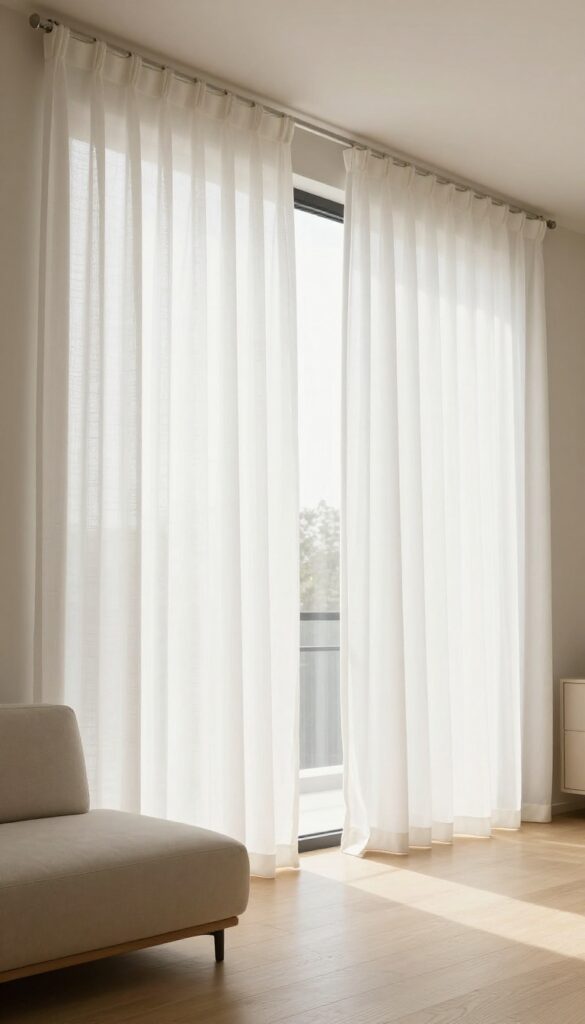Modern small living room with floor-to-ceiling white linen curtains hung high and wide, creating a taller, sleeker look in bright natural light