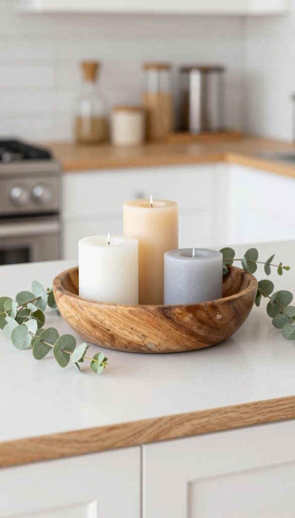 Wooden dough bowl centerpiece with pillar candles and eucalyptus on a bright kitchen island