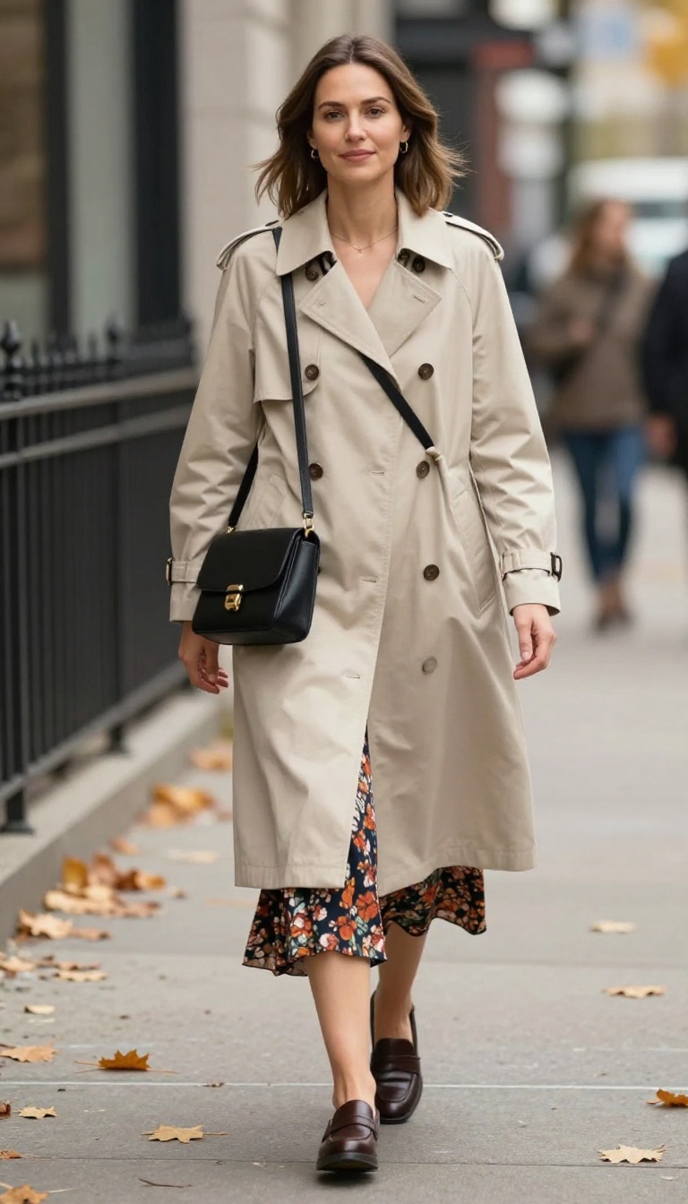 10. Floral Skirt with a Trench Coat and Loafers