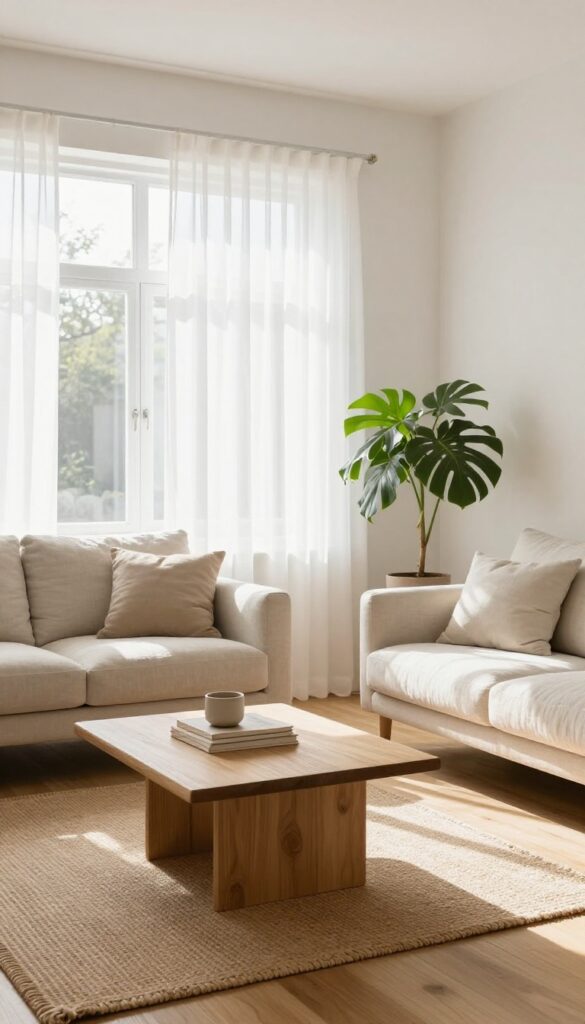 Bright airy living room with soft light neutral walls, light wood floors, a linen sofa, sheer curtains, and a green plant in natural daylight