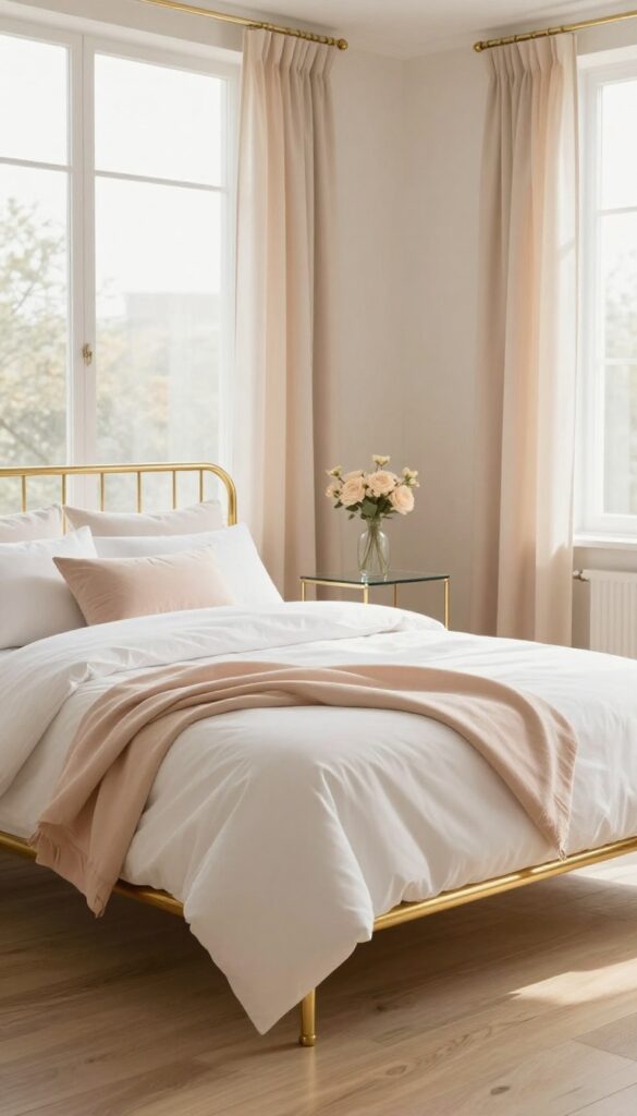 6. Gold Bed Frame With Soft Blush or Cream Tones idea