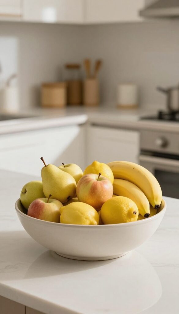 Oversized shallow ceramic bowl filled with lemons, apples, and pears styled as a kitchen island centerpiece in bright natural light