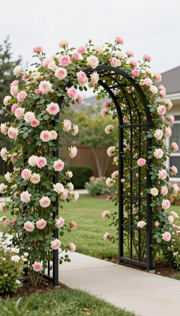 A black metal garden arch covered in climbing pink and cream roses frames a front door in a bright, clean front yard with simple landscaping.
