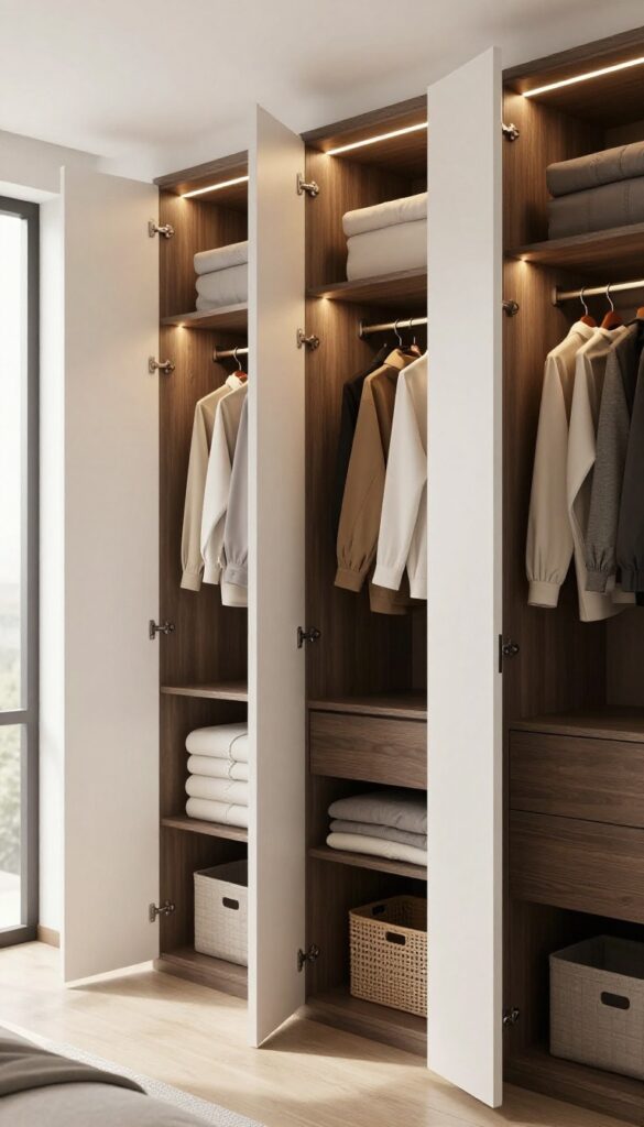 Modern bedroom cupboard with integrated warm LED strip lighting along shelves, softly illuminating organized clothes and storage baskets inside the open wardrobe