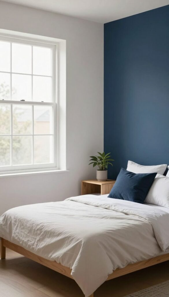 Cozy modern single bed with a deep navy accent wall behind it, light neutral bedding, and bright natural light in a clean minimal bedroom