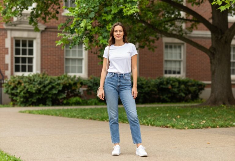 Young woman wearing a Y2K school outfit with low-rise jeans, baby tee, and chunky sneakers, standing on a campus.