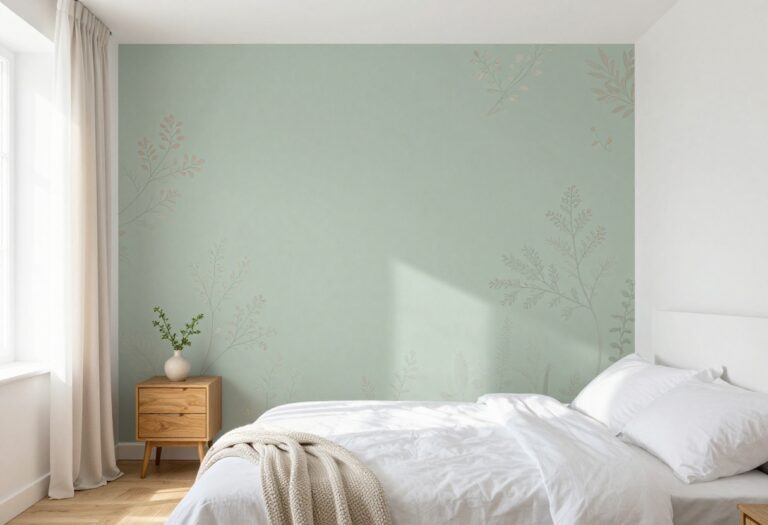 Bright bedroom with a soft floral accent wall behind a white bed, styled with neutral linens and natural light