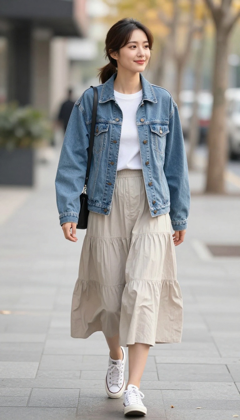 9. Tiered Cotton Skirt with a Denim Jacket and Converse