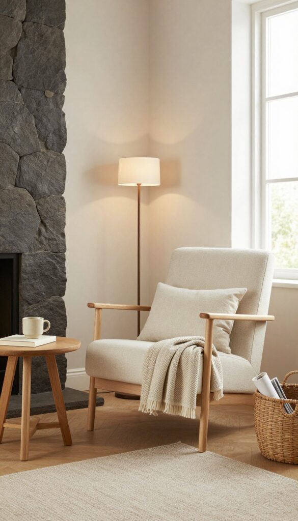 Cozy corner reading nook with a compact accent chair, small side table, floor lamp, throw blanket, and basket beside a stone fireplace in a bright small living room.