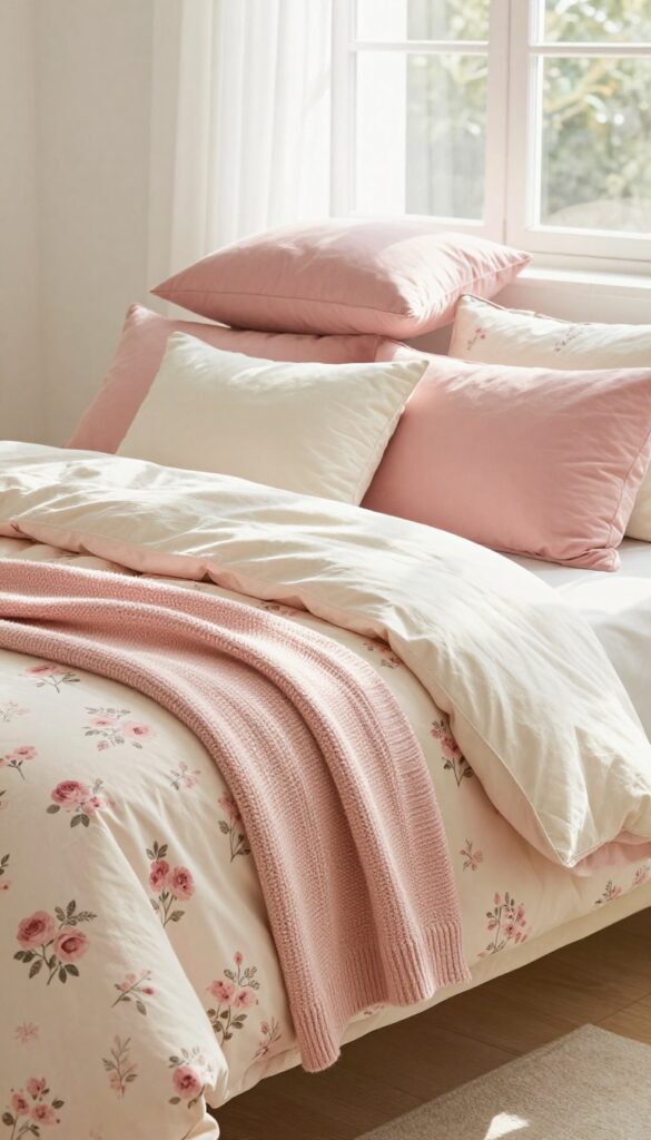 Layered pink floral bedding on a cozy bed with neutral sheets, a floral duvet, a folded knit throw at the foot, and stacked pillows in mixed textures under bright natural light.