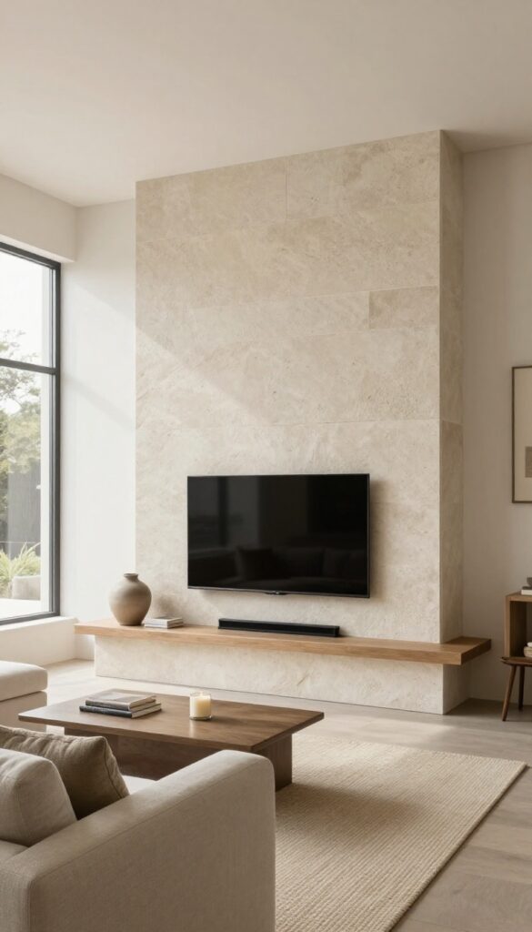 Bright modern living room with a floor-to-ceiling stone fireplace wall and a flat-screen TV mounted above the mantel, styled with a large vase and neutral furniture.