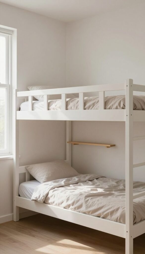 L-shaped corner double deck bed in a small bright bedroom, with lower bed along one wall and upper bed perpendicular above it, coordinated bedding, shared shelf, natural light, no text.
