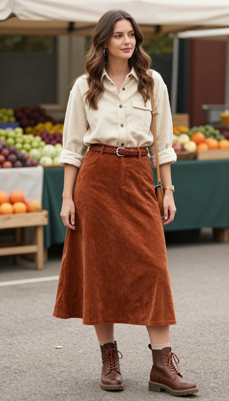 4. Corduroy A-Line Skirt with a Woven Belt and Flannel Shirt