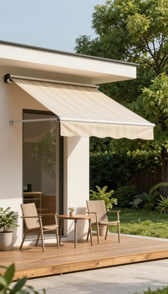 Retractable beige awning extended over a small wooden deck attached to a house, providing shade with clean uncluttered outdoor seating in bright natural light