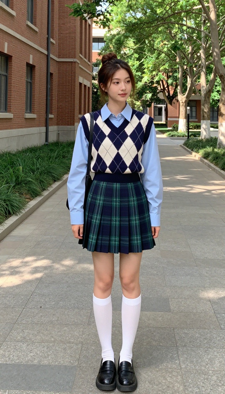 13. Argyle Sweater Vest + Collared Shirt + Pleated Skirt