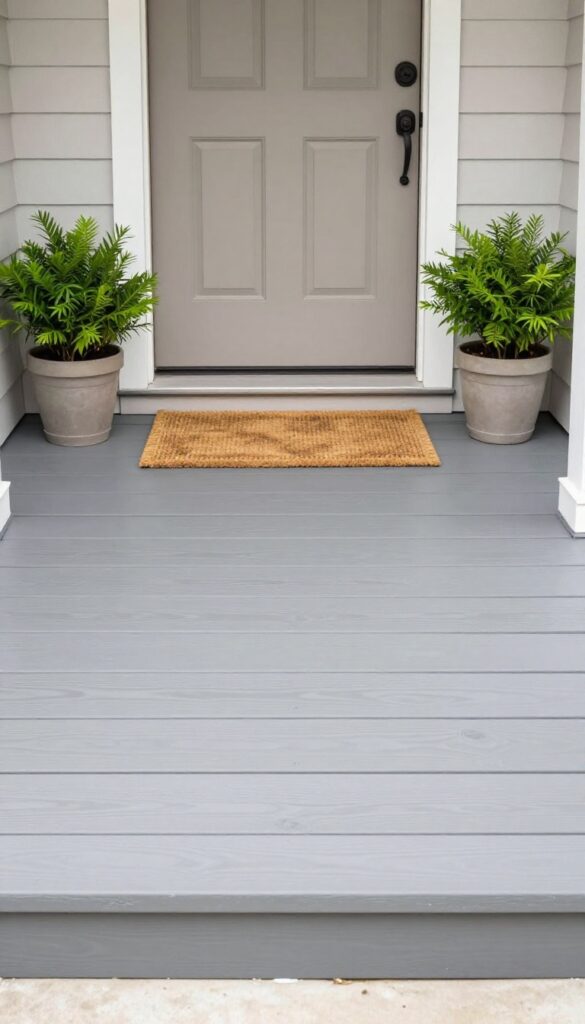 Freshly painted front deck floor in a soft warm gray satin finish with potted plants and a doormat beside a light wood front door