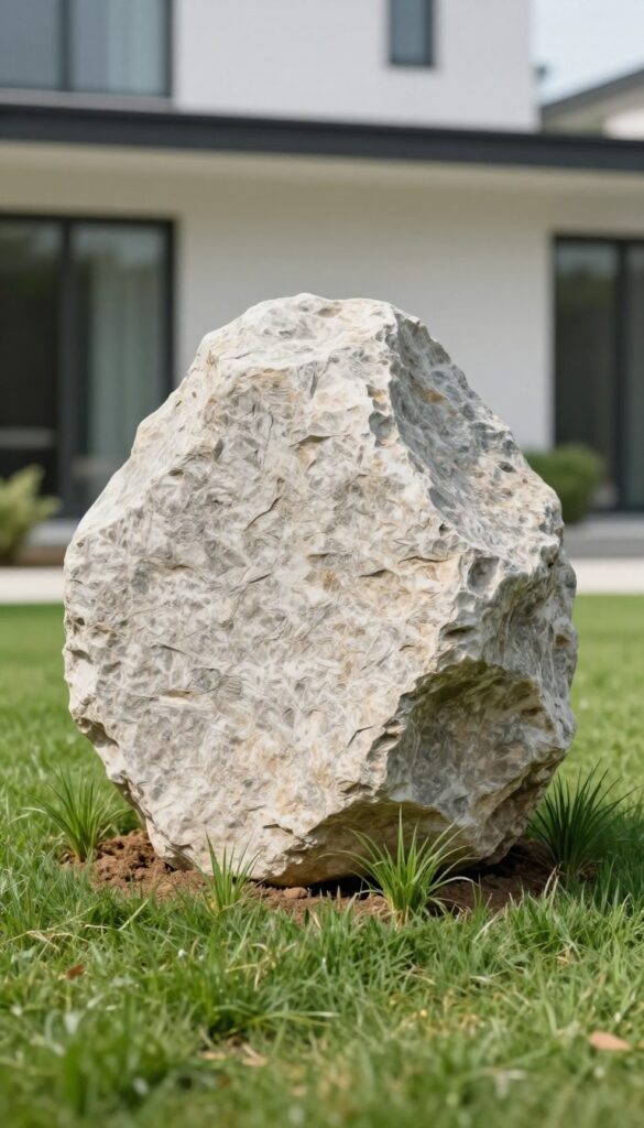 Large statement boulder partially buried in a bright green front lawn with low greenery and a modern house softly blurred behind it