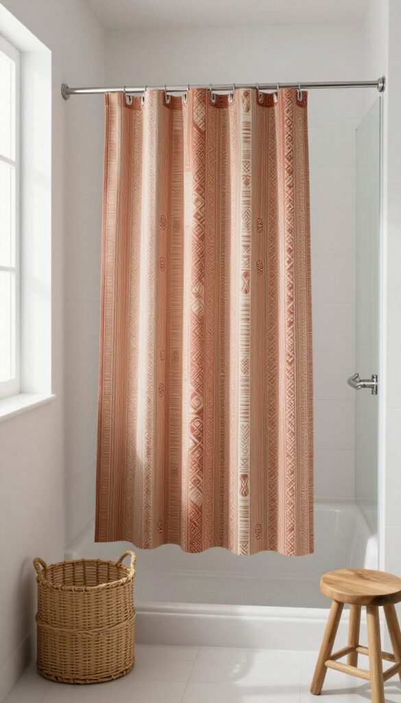 Bright bathroom with a boho patterned shower curtain in earthy terracotta, cream, and brown tones, styled with minimal woven and wood accessories in natural light.
