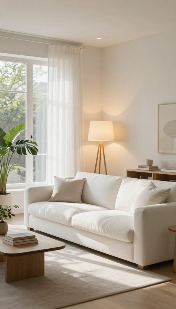 Bright living room with a white sofa softly lit by a floor lamp, table lamp, and warm overhead light, creating a cozy layered glow.