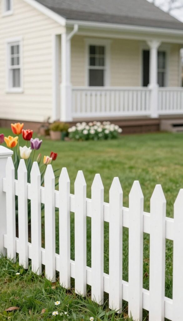 Classic white picket fence framing a bright green front lawn and colorful flower beds in front of a traditional cottage home