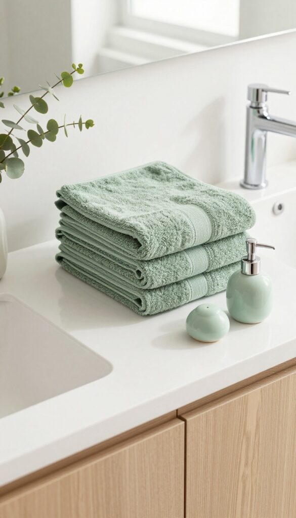 Folded sage green hand towels on a bright bathroom counter beside a matching soap dispenser, showing coordinated accent colors