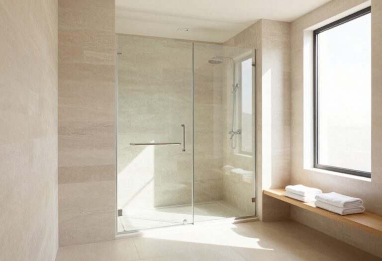 Bright open walk-in shower with a frameless half glass partition and curbless entry in a modern airy bathroom