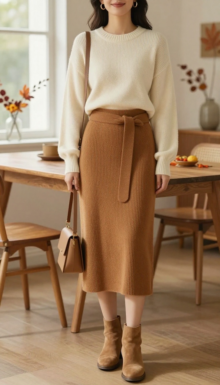6. Knit Midi Skirt with a Wide Elastic Belt and Tucked Sweater