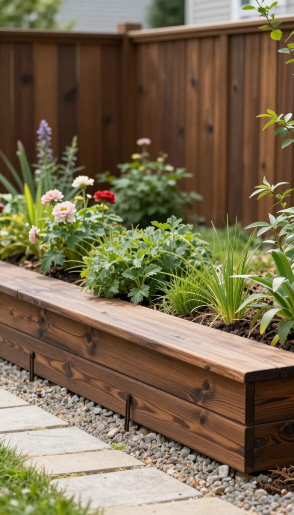 Low dark-stained timber retaining wall edging a raised garden bed beside a gravel path in a bright cottage-style front yard