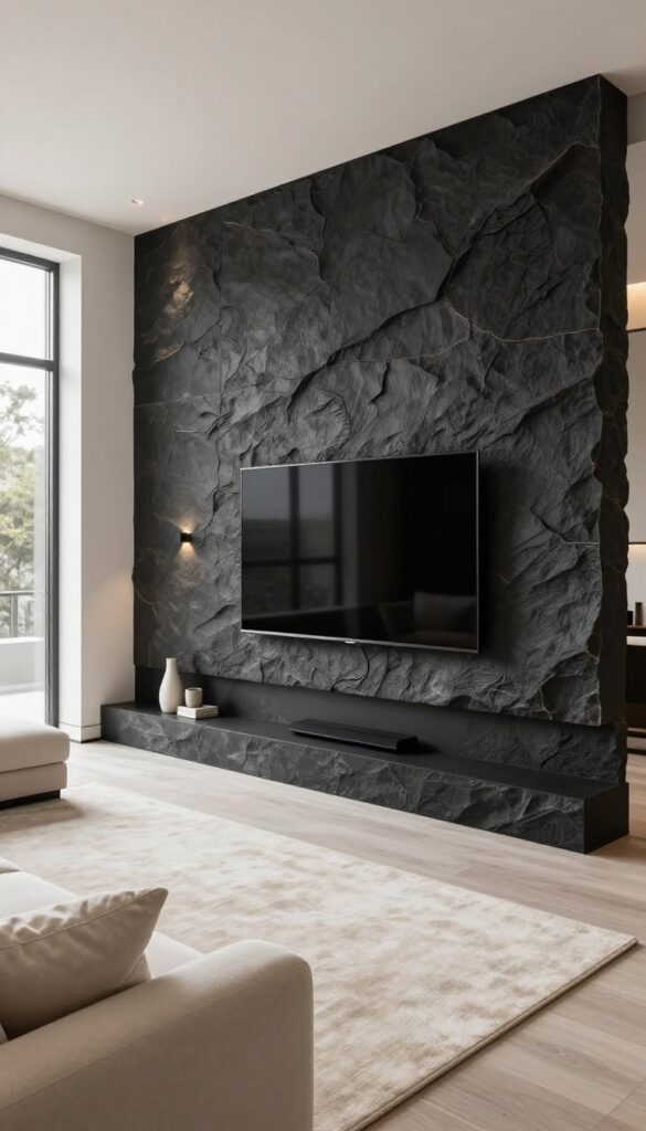 Modern living room with a dark charcoal stone veneer TV wall, wall-mounted television, warm recessed lighting, light cream sofa, and a pale rug in bright natural daylight