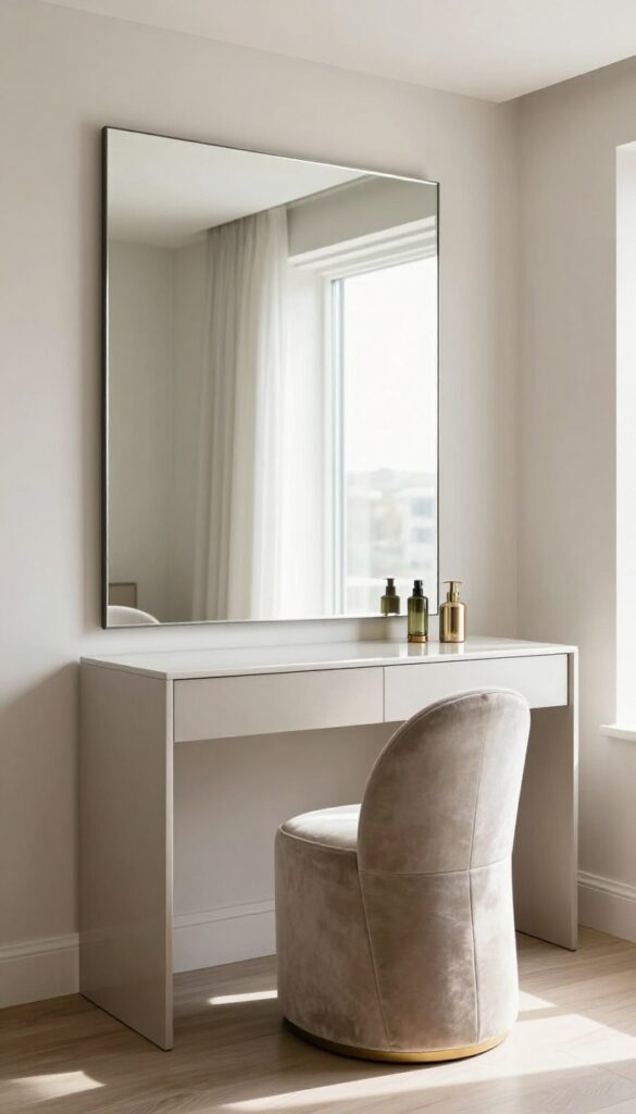 Modern luxury bedroom vanity with a plush upholstered velvet chair tucked under a sleek table, bathed in bright natural light.