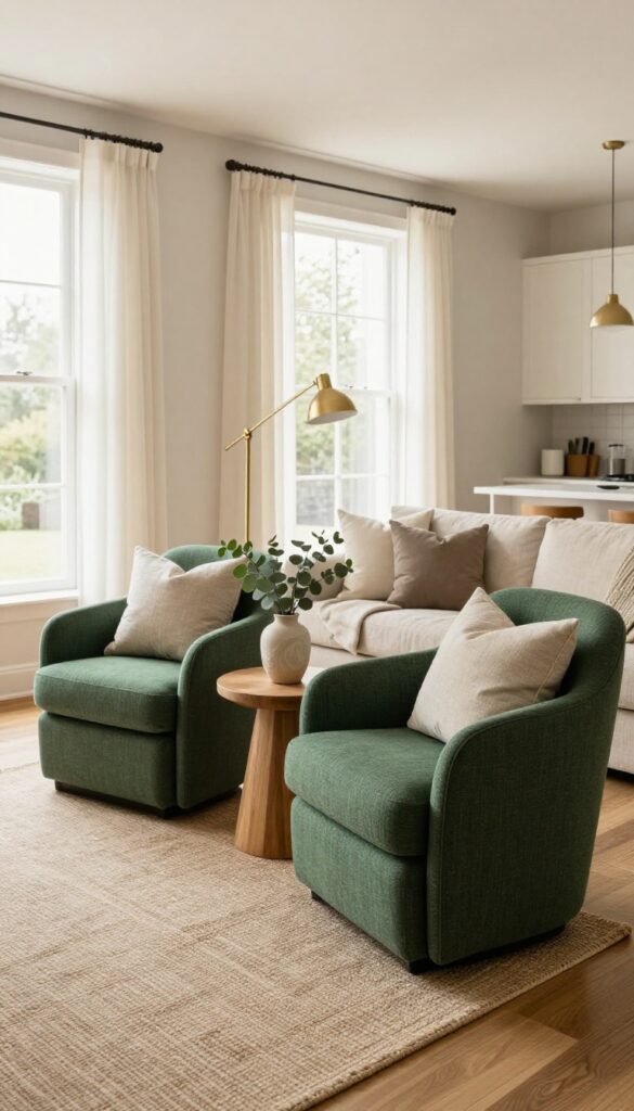 Bright living room with two deep green swivel chairs angled toward a neutral sofa, a small side table between them, a woven rug, and a floor lamp near a sunny window
