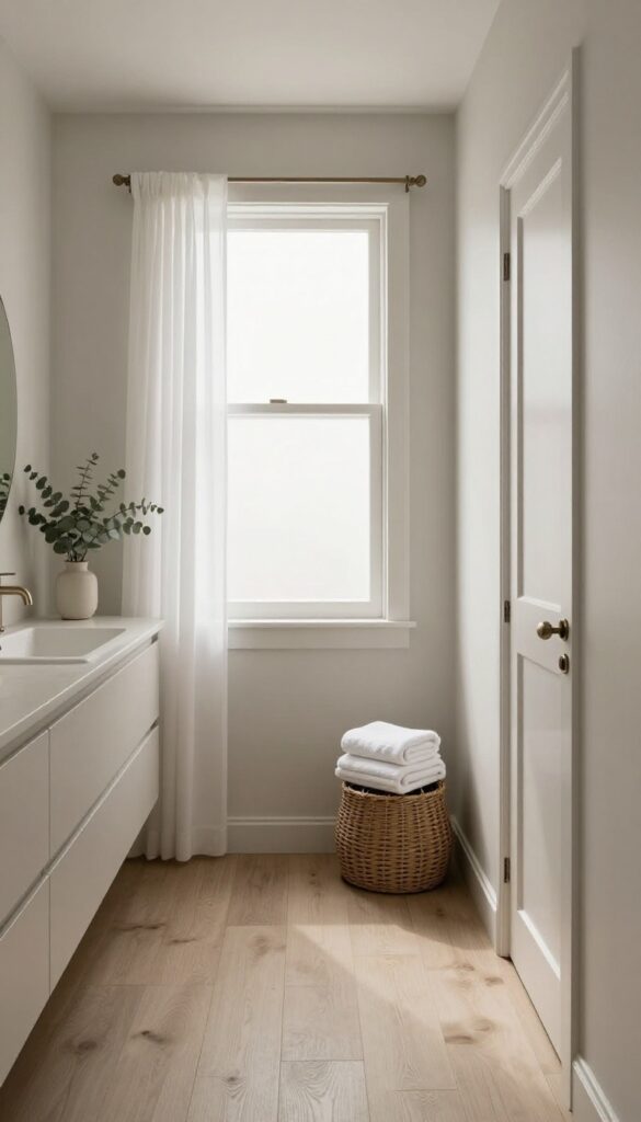 Long narrow bathroom painted in one seamless greige color from walls to trim and door, with bright natural light, white towels, and a woven basket