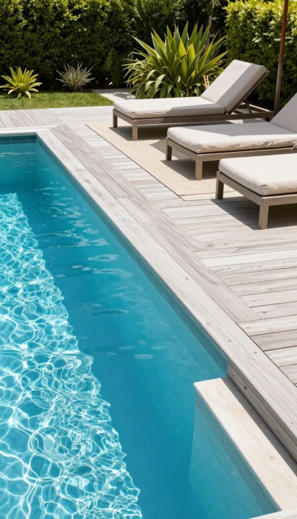 Multi-level poolside deck with a raised lounging platform above a lower pool-level deck, neutral cushions and a patio rug in bright natural light