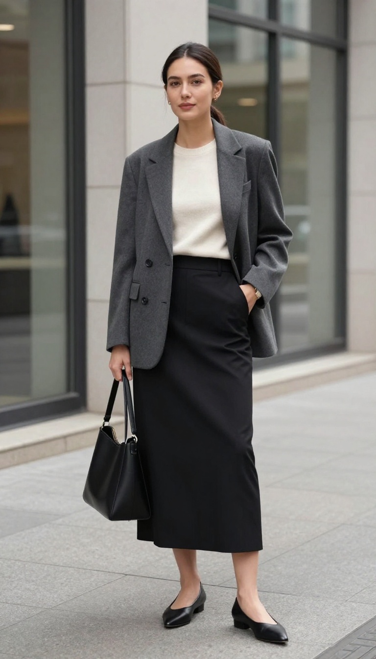 13. Long Black Skirt with a Blazer and Pointed-Toe Flats